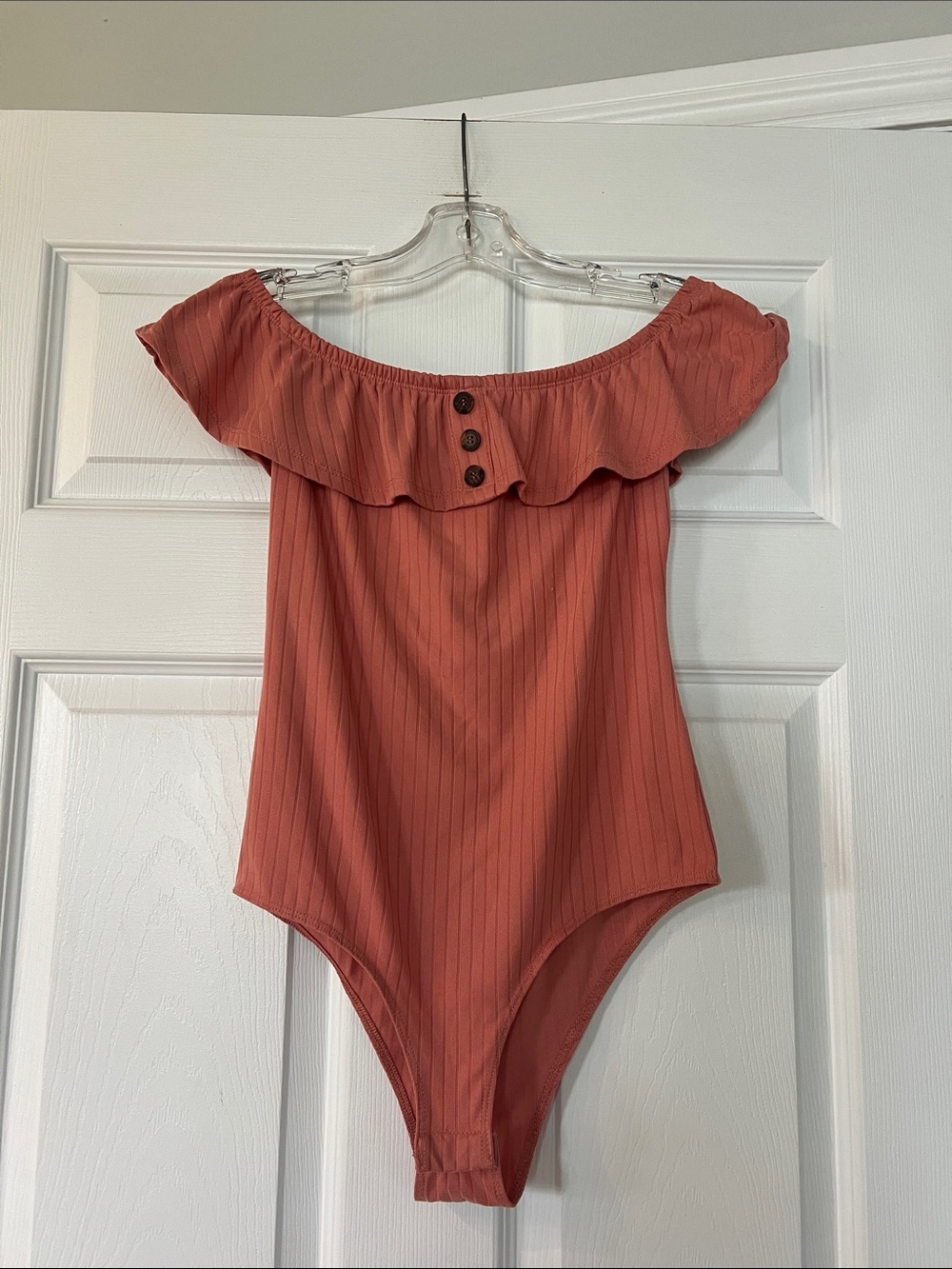 Ardene Ribbed Off-Shoulder Top in Rusty Terracotta